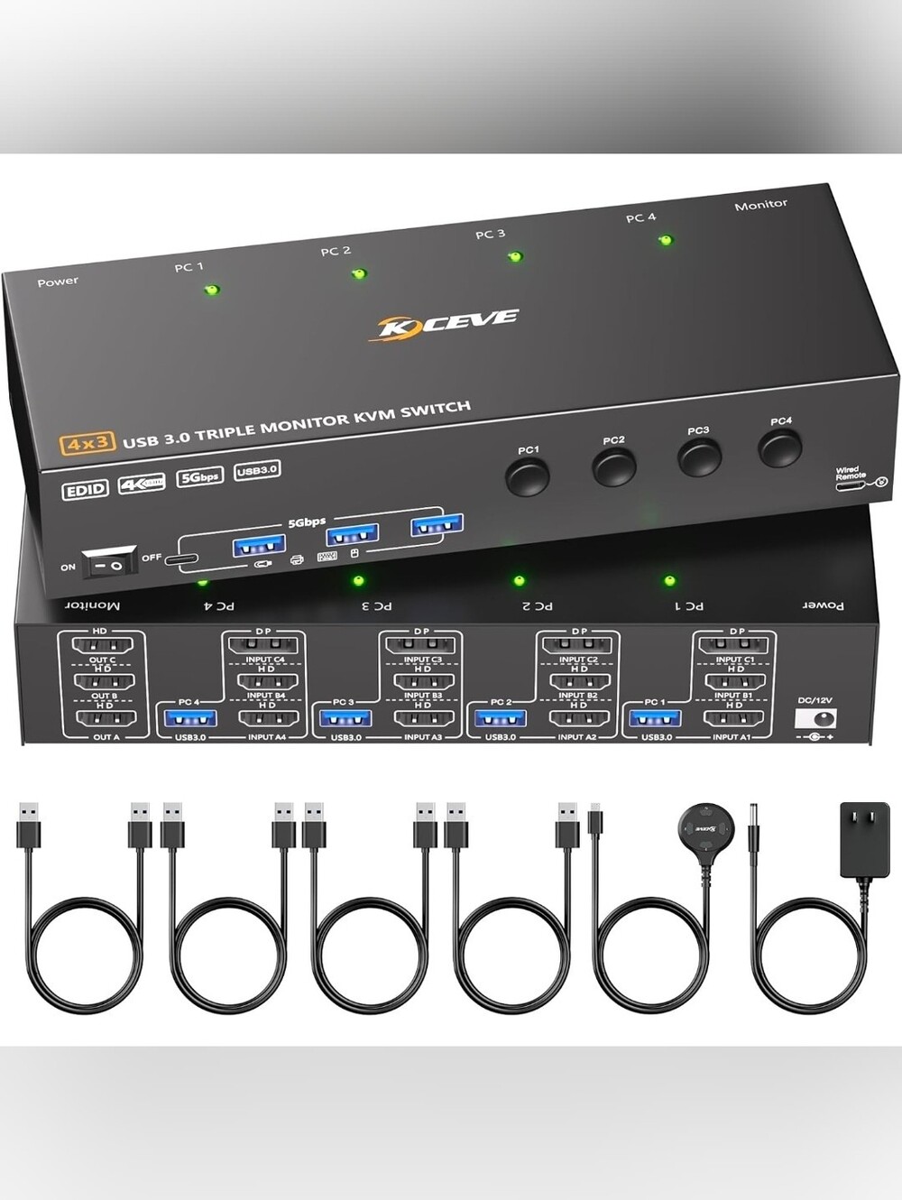 KVM Switch 3 Monitors 4 Computers 4K@60Hz,EDID Simulation,USB 3.0 HDMI Displa...